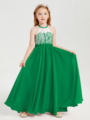 Lace Top Long Chiffon Bridesmaid Dresses Emerald