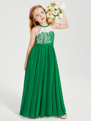 Lace Top Long Chiffon Bridesmaid Dresses Emerald