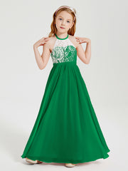 Lace Top Long Chiffon Bridesmaid Dresses Emerald