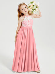 Lace Top Long Chiffon Bridesmaid Dresses Flamingo