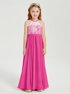 Lace Top Long Chiffon Bridesmaid Dresses Fuchsia