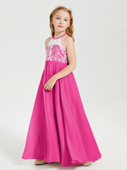 Lace Top Long Chiffon Bridesmaid Dresses Fuchsia