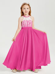 Lace Top Long Chiffon Bridesmaid Dresses Fuchsia