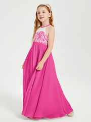 Lace Top Long Chiffon Bridesmaid Dresses Fuchsia