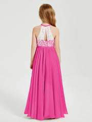 Lace Top Long Chiffon Bridesmaid Dresses Fuchsia