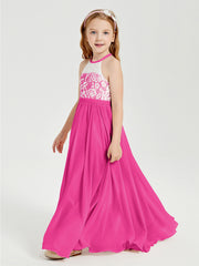 Lace Top Long Chiffon Bridesmaid Dresses Fuchsia