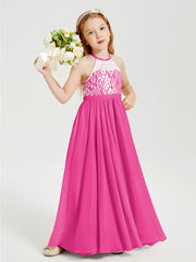 Lace Top Long Chiffon Bridesmaid Dresses Fuchsia
