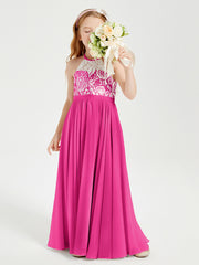 Lace Top Long Chiffon Bridesmaid Dresses Fuchsia