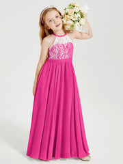Lace Top Long Chiffon Bridesmaid Dresses Fuchsia
