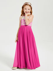 Lace Top Long Chiffon Bridesmaid Dresses Fuchsia
