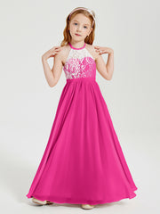 Lace Top Long Chiffon Bridesmaid Dresses Fuchsia