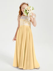 Lace Top Long Chiffon Bridesmaid Dresses Gold