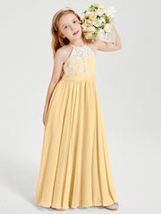 Lace Top Long Chiffon Bridesmaid Dresses Gold