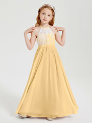 Lace Top Long Chiffon Bridesmaid Dresses Gold