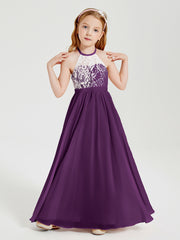 Lace Top Long Chiffon Bridesmaid Dresses Grape