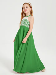 Lace Top Long Chiffon Bridesmaid Dresses Green