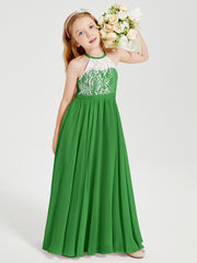 Lace Top Long Chiffon Bridesmaid Dresses Green