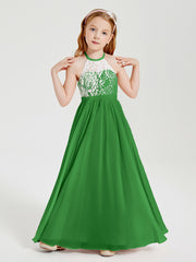 Lace Top Long Chiffon Bridesmaid Dresses Green