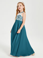 Lace Top Long Chiffon Bridesmaid Dresses Ink Blue