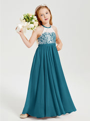 Lace Top Long Chiffon Bridesmaid Dresses Ink Blue