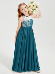 Lace Top Long Chiffon Bridesmaid Dresses Ink Blue