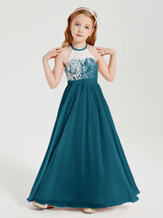 Lace Top Long Chiffon Bridesmaid Dresses Ink Blue