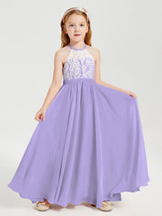 Lace Top Long Chiffon Bridesmaid Dresses Lilac