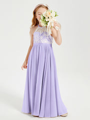 Lace Top Long Chiffon Bridesmaid Dresses Lilac