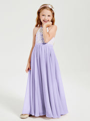 Lace Top Long Chiffon Bridesmaid Dresses Lilac