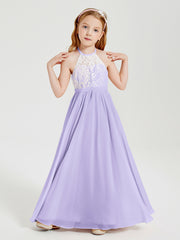 Lace Top Long Chiffon Bridesmaid Dresses Lilac