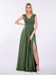 Pleated Bodice Chiffon Long Dresses with Slit Olive Green