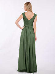 Pleated Bodice Chiffon Long Dresses with Slit Olive Green