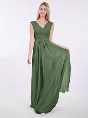 Pleated Bodice Chiffon Long Dresses with Slit Olive Green