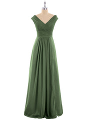 Pleated Bodice Chiffon Long Dresses with Slit Olive Green