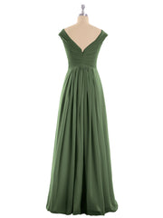 Pleated Bodice Chiffon Long Dresses with Slit Olive Green