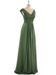 Pleated Bodice Chiffon Long Dresses with Slit Olive Green