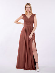 Pleated Bodice Chiffon Long Dresses with Slit Terracotta