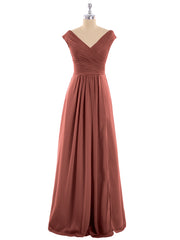 Pleated Bodice Chiffon Long Dresses with Slit Terracotta