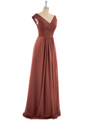 Pleated Bodice Chiffon Long Dresses with Slit Terracotta