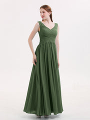 Maxi Chiffon Bridesmaid Dresses with V Neck Olive Green