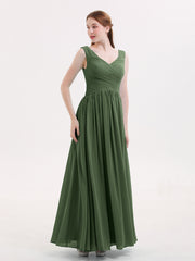 Maxi Chiffon Bridesmaid Dresses with V Neck Olive Green