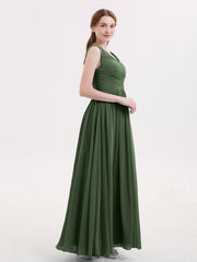 Maxi Chiffon Bridesmaid Dresses with V Neck Olive Green