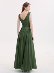Maxi Chiffon Bridesmaid Dresses with V Neck Olive Green