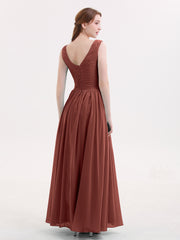 Maxi Chiffon Bridesmaid Dresses with V Neck Terracotta