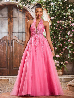 Deep V-neck Appliqued Corset Tulle Lace Maxi Prom Dresses Candy Pink