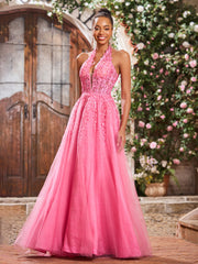 Deep V-neck Appliqued Corset Tulle Lace Maxi Prom Dresses Azalea