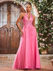 Deep V-neck Appliqued Corset Tulle Lace Maxi Prom Dresses Azalea