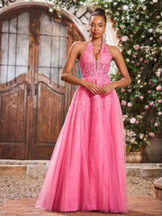 Deep V-neck Appliqued Corset Tulle Lace Maxi Prom Dresses Azalea