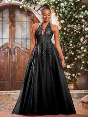Deep V-neck Appliqued Corset Tulle Lace Maxi Prom Dresses Black