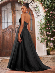 Deep V-neck Appliqued Corset Tulle Lace Maxi Prom Dresses Black